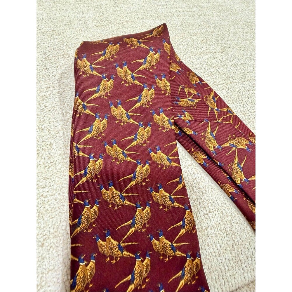 Vintage K Kerzfeld Silk Pheasant Bird Tie Burgundy Novelty Hunting Necktie